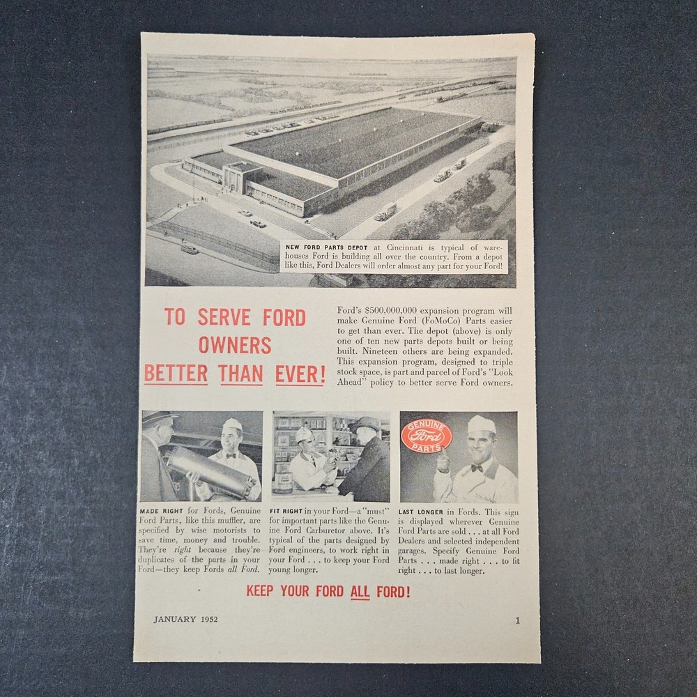 1952 New Genuine Ford Parts Depot Cincinnati OH Vintage Print Ad‎ Mancave Garage